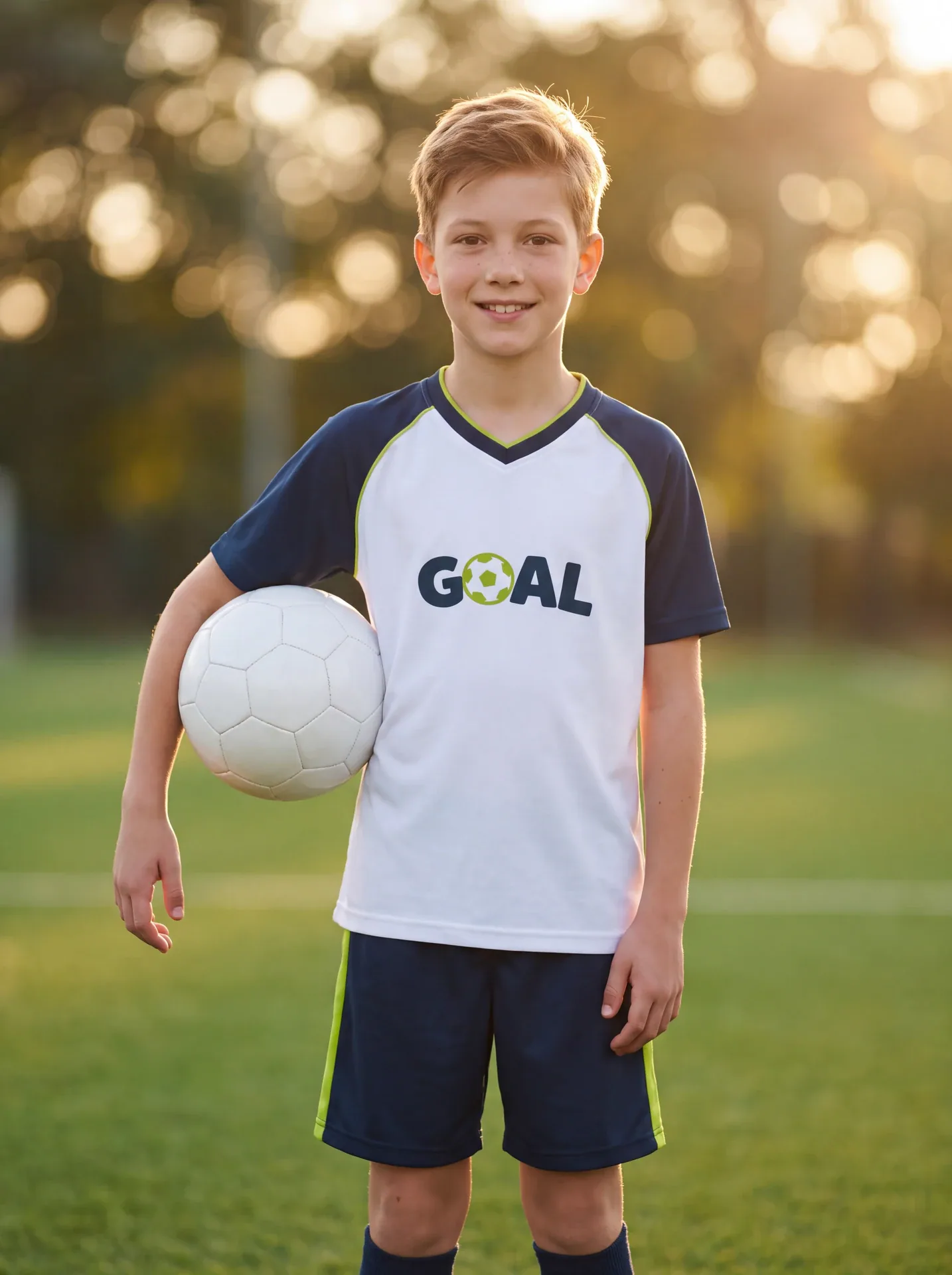 Chlapec v dresu GOAL stojí na hřišti a drží míč pod paží.